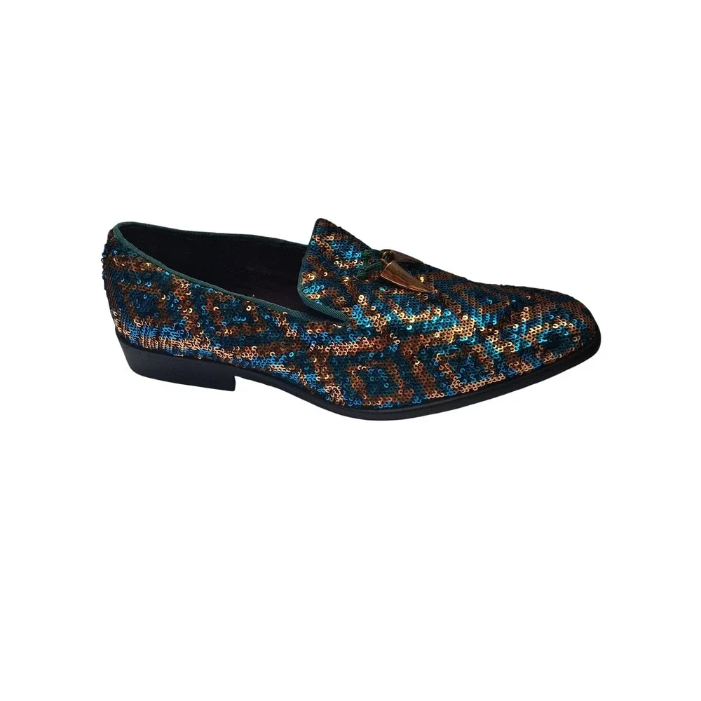 Mens Blue Bronze Sequin Geometric Loafers Gold Spike Tassel Formal Dress Shoes
